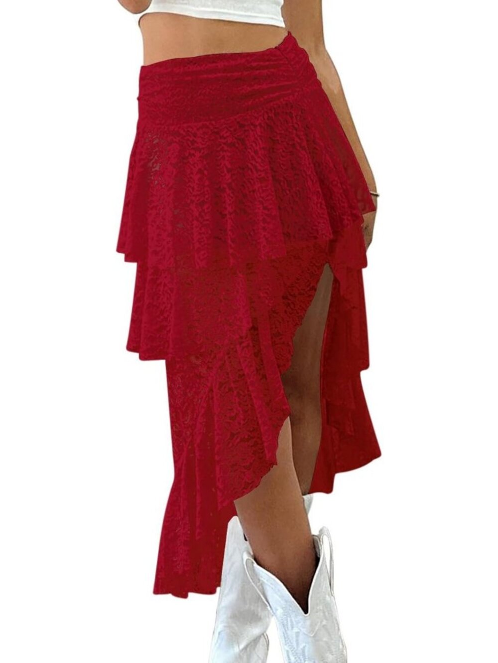 Y2K Women's Lace Midi Skirt - Asymmetrical Layered Flowy Long Skirt
